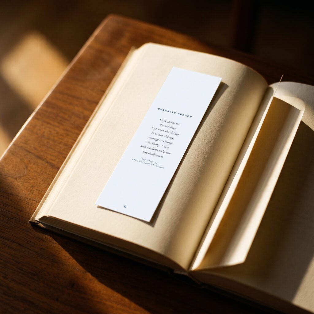 AA Blue recovery bookmark, light background, in use