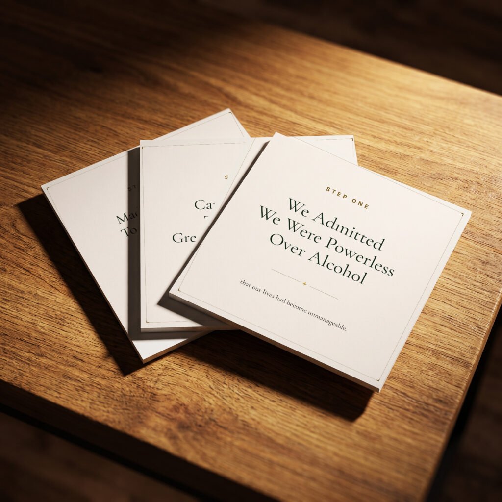 Green and gold recovery quote card, light background, in use