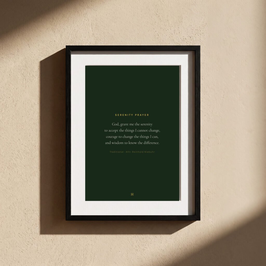 Green and gold recovery wall art, dark background, framed