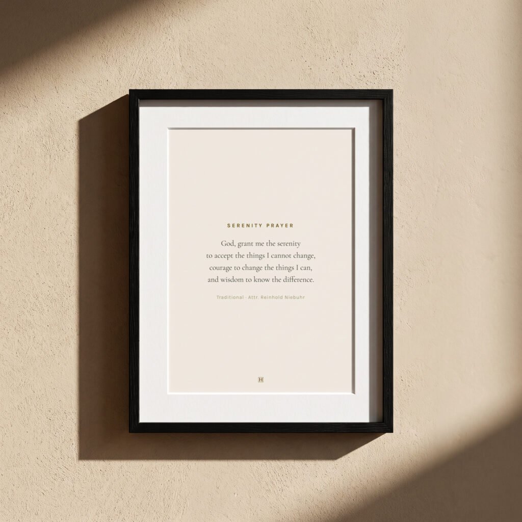 Green and gold recovery wall art, light background, framed