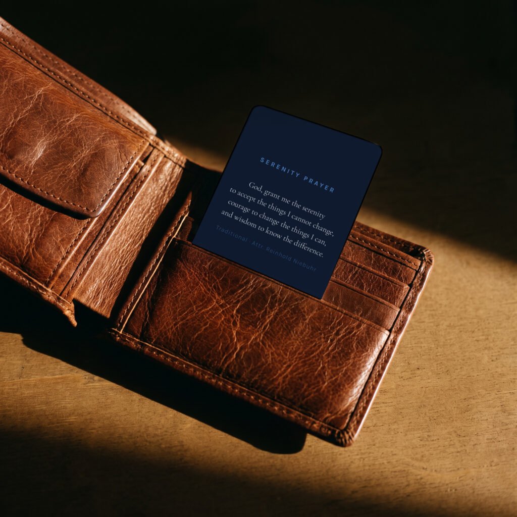 AA Blue recovery wallet card, dark background, in a wallet