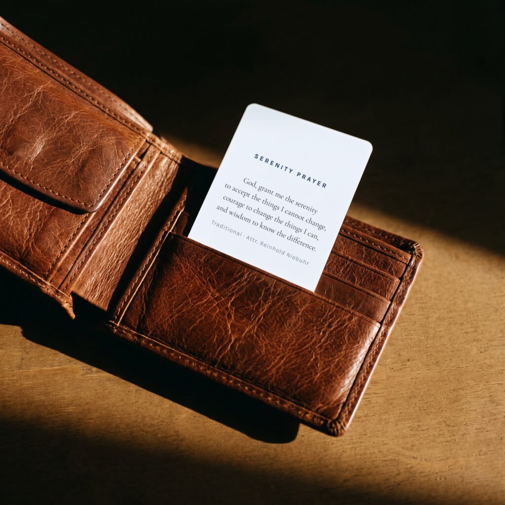 AA Blue recovery wallet card, light background, in a wallet