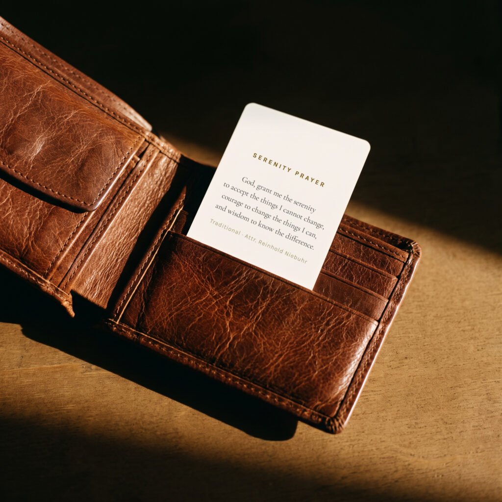 Green and gold recovery wallet card, light background, in a wallet